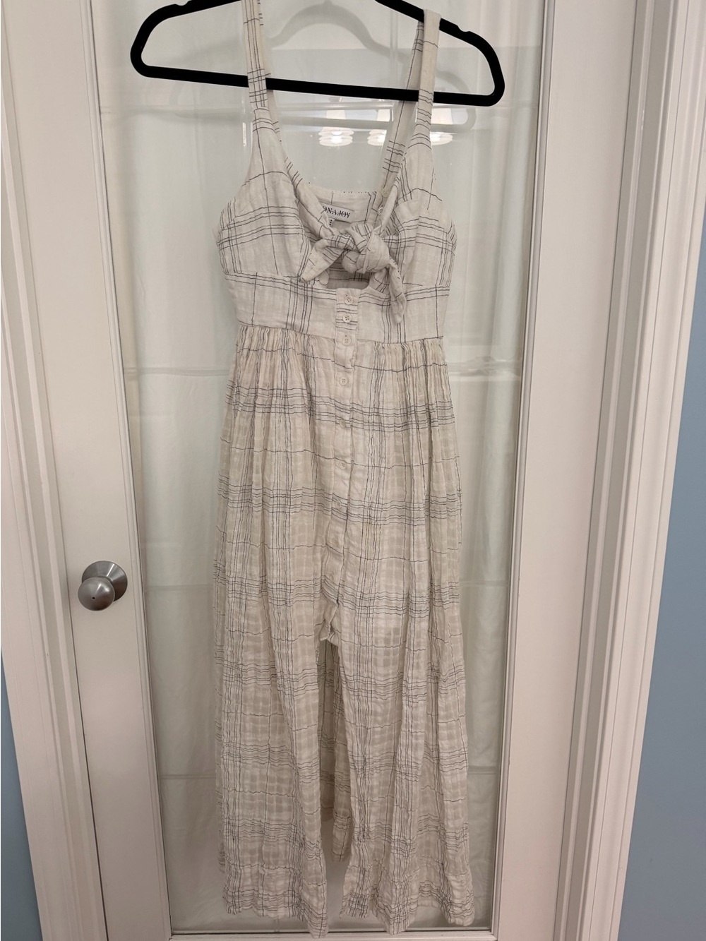 Shona Joy white plaid tie-front linen Bohemian maxi dress